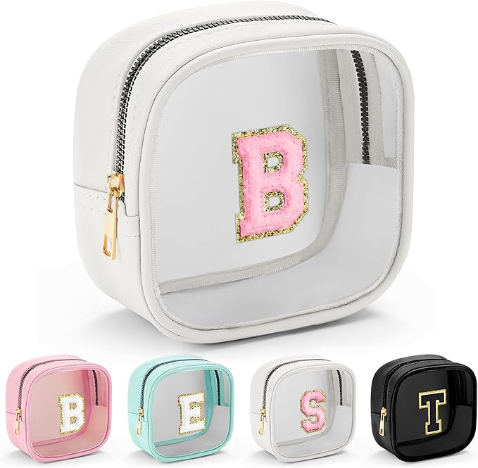 YOOLIFE Initial Make Up Bag Travel Toiletry Bag, Clear Makeup Bag Preppy Cosmetic Bags Organizer Travel Essentials Gifts for Women Teen Girlfriend Teacher Mom Birthday Mothers Day Gifts White B