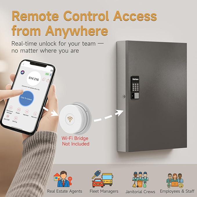 192 Key Lock Box Wall Mount, Smart Key Cabinet, One Time Password/Fixed Code/Bluetooth/Wi-Fi Remote/Key Unlock, Security Lockbox Organizer for Valets, Hotels, Car, Office Key Management & Storage
