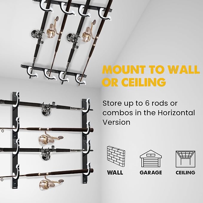 QudraKast Horizontal Fishing Rod Holder for Garage Wall Ceiling Mount - Fishing Pole Holders Fishing Rod Rack Holds Up to 6 Rods or Combos, Ideal Fishing Gift (3Pack)