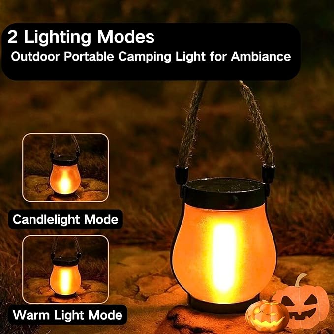 Solar Lantern Outdoor Lights, Flickering LED with Hemp Rope Handle, Dual Charging (Solar & USB), Water-Resistant Hanging Decor for Garden, Yard, Patio, Porch, Pathway, Camping (2)