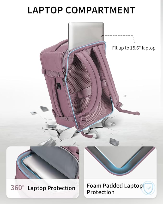 ECOHUB Travel Backpack for Women, Carry on Backpack with USB Charging Hole, Spirit Airlines Personal Item Bag Flight Approved, 15.6 Inch Laptop Backpack with Anti Theft Pockets, 30L, Pink