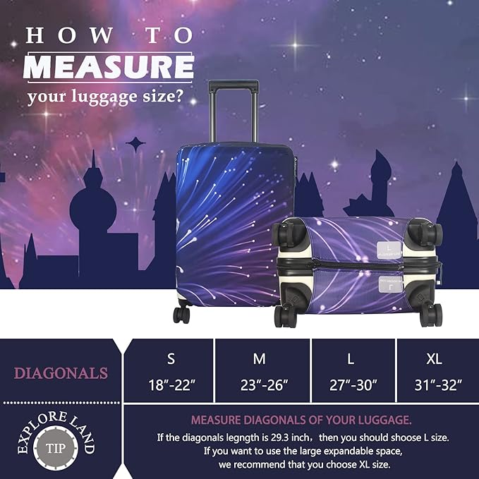 Explore Land Travel Luggage Cover Suitcase Protector Fits 27-30 Inch Case (Fireworks, L)