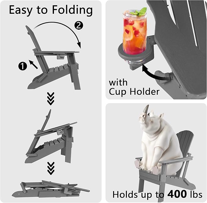 Folding Adirondack Chair - Extended Ergonomic Backrest, Cup Holder - Easy Assembly - Durable HDPE Plastic, Weather Resistant & Maintenance-Free - Lawn, Patio, Deck Supports 400lbs Grey