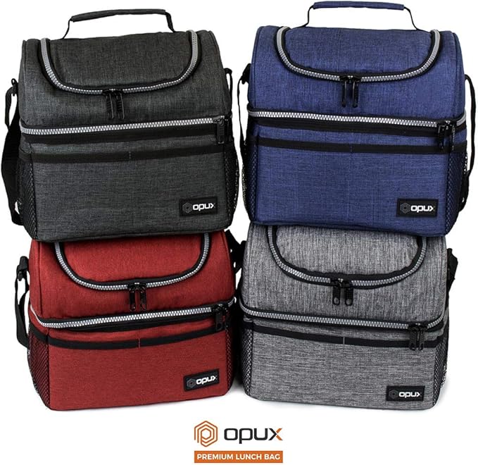OPUX Lunch Box For Men Women, Insulated Large Lunch Bag Adult Work, Double Decker Lunchbox Meal Prep, Dual Compartment Leakproof Lunch Cooler, Soft Lunch Pail Tote Boys Girls Kids School, Red 16 Cans