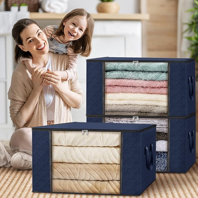 Fab totes 6 Pack Clothes Storage, Foldable Thick Fabric Blanket Storage Bags, Containers for Organizing Bedroom, Closet, Clothing, Comforter,Closet Organization with Handle,Blue