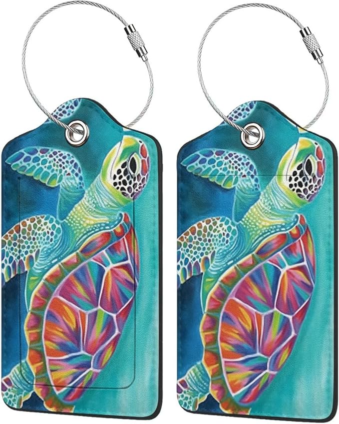 Sea Turtle Leather Luggage Tag with Stainless Steel Ring, Fun Name Id Card Cover Travel Bag Tag Set, Suitable for Travel Bag Luggage Women Men 2 PCS