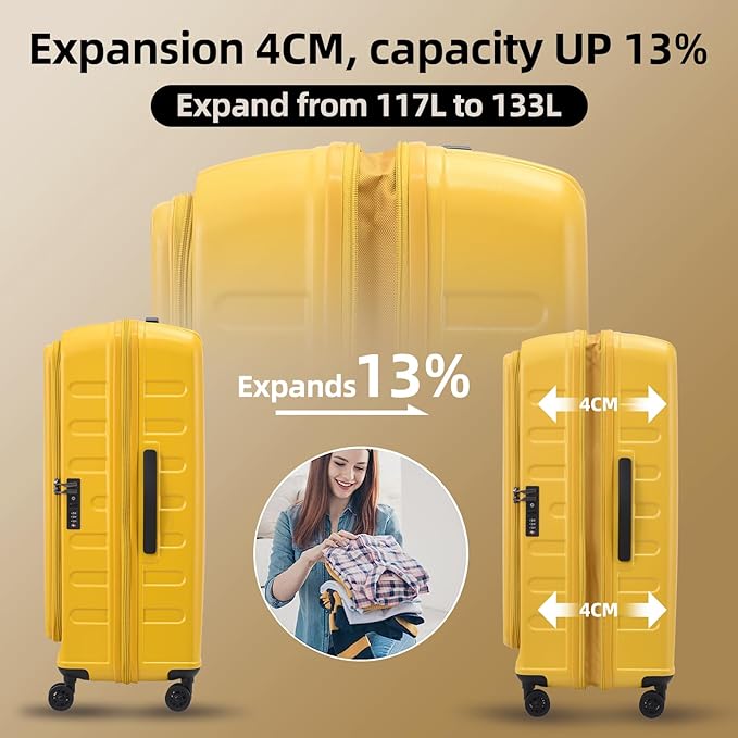 2 Pieces 19/29 Luggage Sets, 19 Inch Carry On Luggage with Front Pocket & 29 Inch Side Opening Suitcase, Ligthweight ABS+PC Hardshell, TSA Lock & YKK Zipper with HINOMOTO 360° Wheels, Yellow