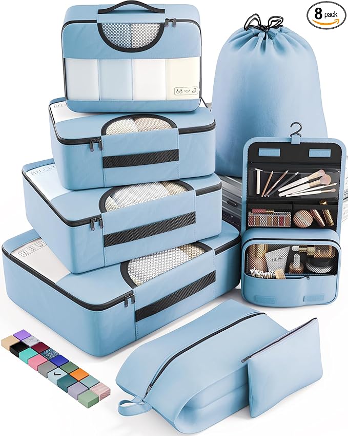 Veken 8 Set Packing Cubes for Travel Essentials, Suitcase Organizer Bags in 4 Sizes, Carry-On Luggage Accessories with Large Laundry & Hanging Toiletry Bag, Must-Have for Airplane, Road Trip & Camping
