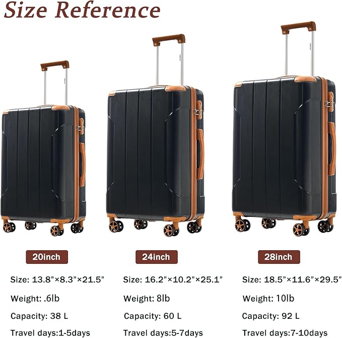 Merax Luggage Sets 3 Piece Hardshell 8 Spinner Wheels Lightweight Suitcase Corner Guards Travel Luggage (Black brown 20IN 24IN 28IN)