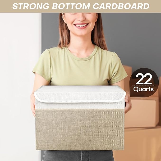Large 22 Quart Linen Fabric Foldable Storage Bin Cube Organizer Basket with Flip-Top Lid & Handles, Clothes Blanket Box for Home, Office, Closet, Beige & White, 4 Pack 14.6 x 9.5 x 9.5”