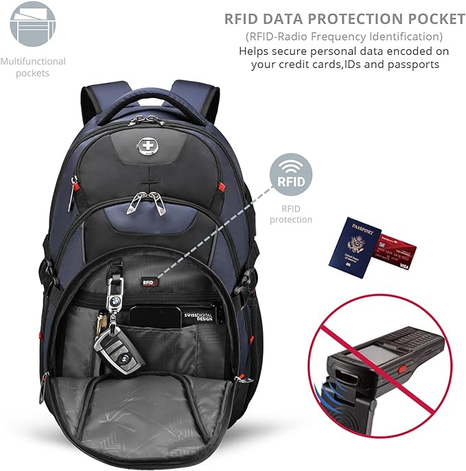 Swissdigital Design Travel Backpack for Men with Apple Find My, Laptop Backpack with USB Charging Port, RFID Protection, Add-A-Bag System - Travel Backpack for Men