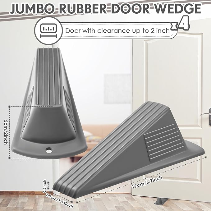 Frienda 4 Pcs Jumbo Door Stoppers Heavy Duty Door Stopper Tall up to 2inch Tall Wedge TPR Large Wedge Stackable Big Rubber Doorstop for Hotel Carpet Hardwood Concrete and Tile (Gray)
