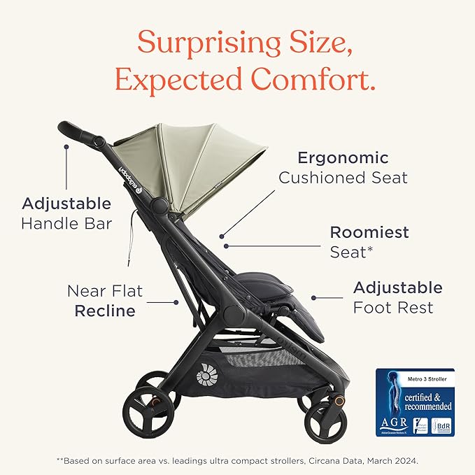 Ergobaby Metro 3 All in One Compact Baby Stroller, Lightweight Travel Stroller, Easy One-Hand Fold for Overhead Airplane Storage (Carries up to 50 lbs), Car Seat Compatible, Natural Beige