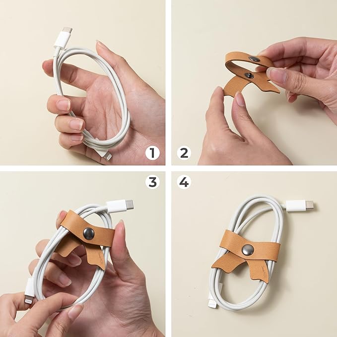 SenseAGE 5 Pack Cord Organizer, Bow Cord Keeper, Cable Organizer USB Holder, Leather Cable Management, Cable Straps, Earphone Winder, Storage Straps for Electronics, Earbuds (Camel Brown, Small)