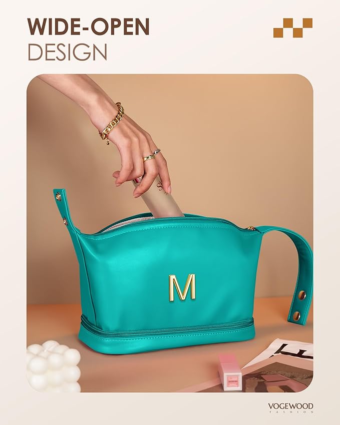 Gifts for 14 15 16 17 18 19 Year Old Girls, Makeup Bags with Handle, Initial Double Layer Cosmetic Bag with Makeup Brush Organizer, Cute Cosmetic Pouch for Women, Gift for Friends Female Mom