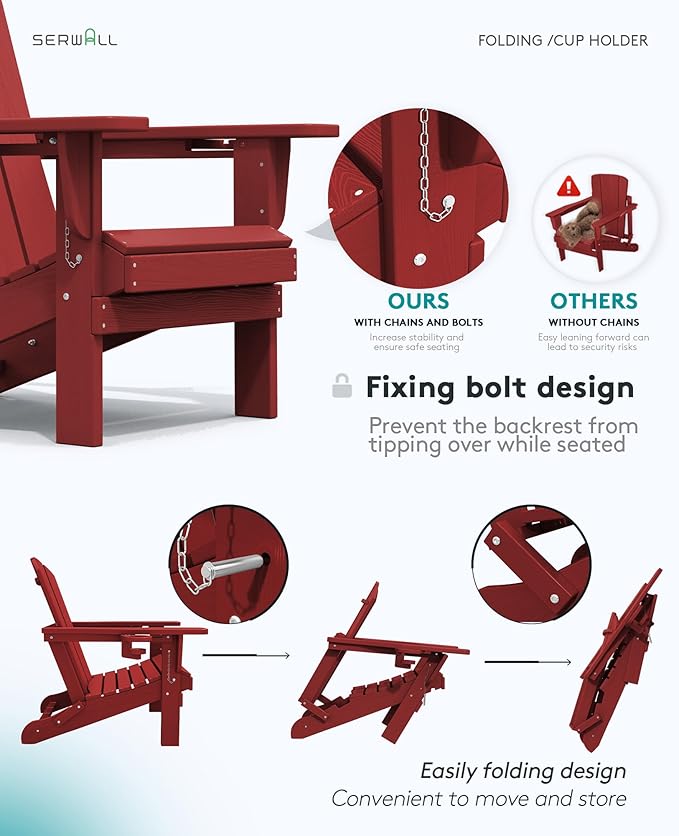 SERWALL Adirondack Chair with Cup Holders - Composite Adirondack Chairs Set of 6 HDPE Outdoor Chairs All Weather Use- Dark Red