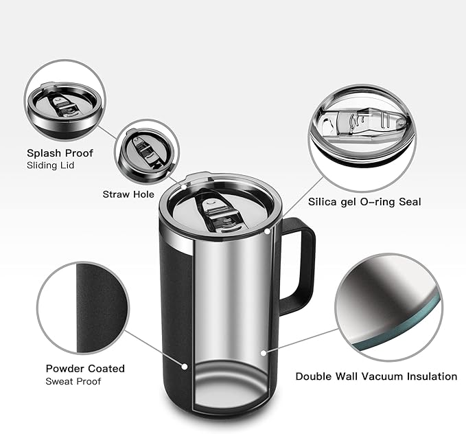 KXIAOCHEN 20oz Insulated Coffee Mug with Lid, Stainless Steel Coffee Cup, Double Wall Vacuum Coffee Tumbler with Handle, Premium Thermal Travel Coffee Mug (Black)