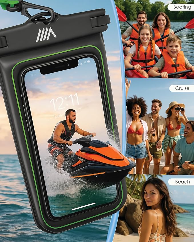 【2025 Upgraded】 4 Pack Black - IP68 Waterproof Phone Pouch Floating Design No Sink Waterproof Phone Case - Beach Pool Travel Essentials - Works w/All Phones - Detachable Lanyard - Black/Hi-Vis Green