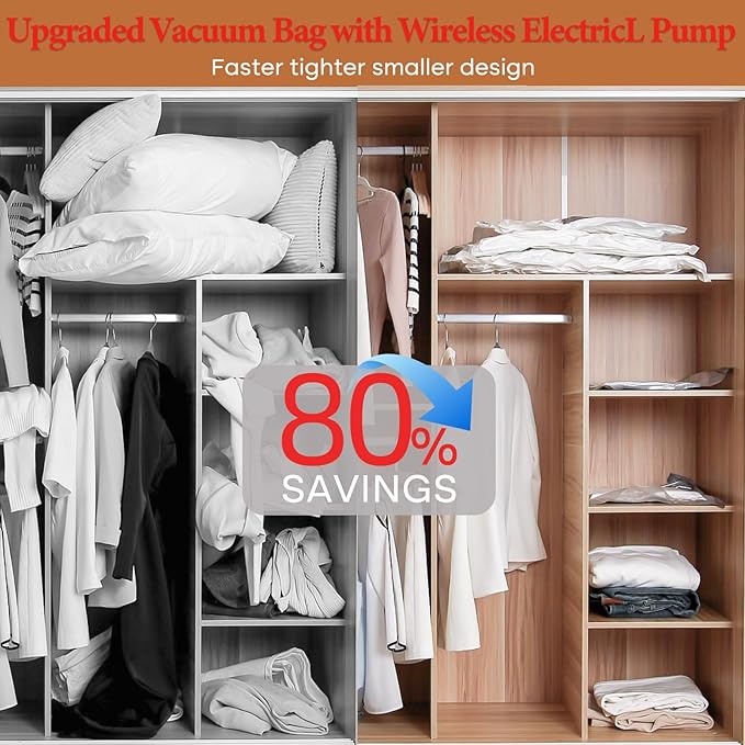 Vacuum Storage Bags for Clothing Travel, 10 Pack Vacuum Bags with Wireless Charging Air Pump(2 Large+4 Medium+4 Small), Compression Packing for Clothes Blanket Suitcase Luggage