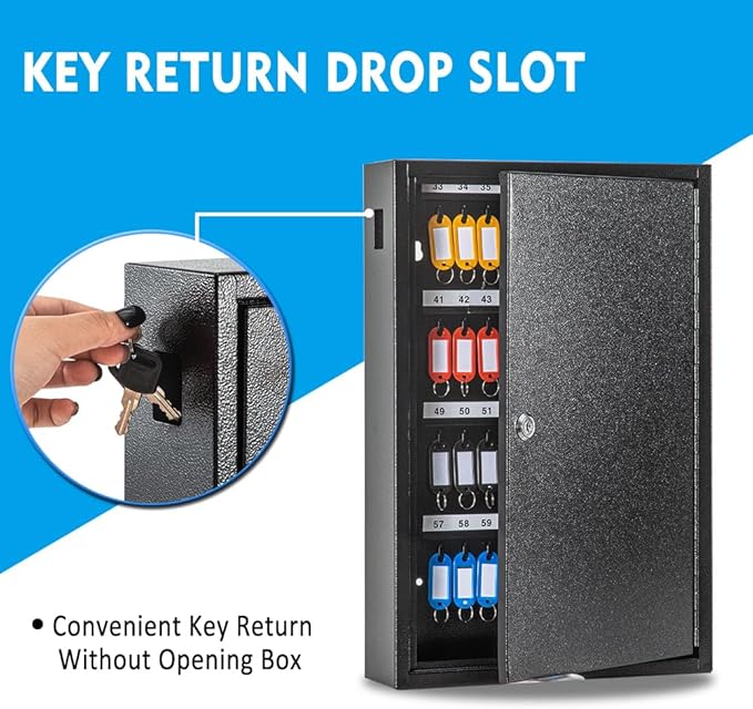 UMEKEN Key Box Wall Mount 64 Position Metal Valet Key Cabinet Lock Box with Key Tags, Key Holder Lockbox Key Organizer Safe Storage Locker Box, Black