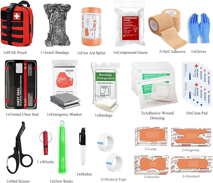 IFAK Kit Trauma Kit Military Medical First Aid Kits Bleeding Contral Emergency Survival Bug Out Bag for Camping Gear Supplies Hiking (Red)