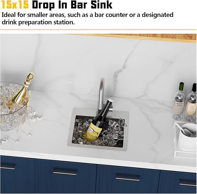 Small Kitchen Sink,15x15 Inch Bar Sink Stainless Steel Drop In Small Kitchen Sink Ideal Choice For Small Space Nice As Toprmount Prep Sink,RV Kitchen Sink With Bottom Grid,Soap Mat And Drain Assembly