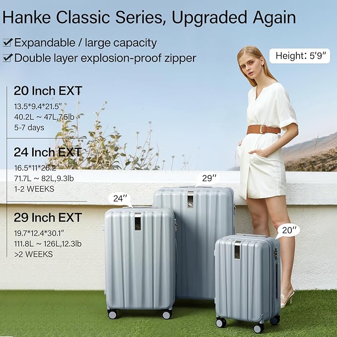 Hanke 24 Inch Expandable Checked Luggage Lightweight PC Hard Shell Luggage Suitcases with Wheels Travel Luggage Rolling Large Suitcase Travel Luggage Bag for Go to University.(Gray)