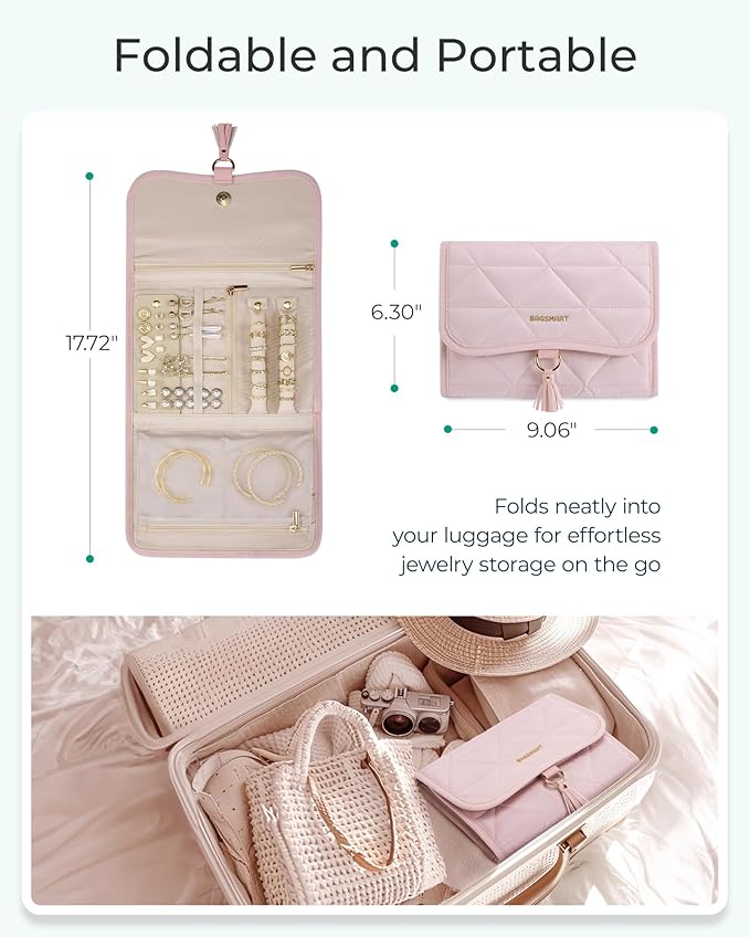 BAGSMART Travel Jewelry Case Organizer, Roll Foldable Jewelry Case for Journey-Rings, Necklaces, Earrings, Bracelets, Brooches, Portable Travel Essentials, Pink