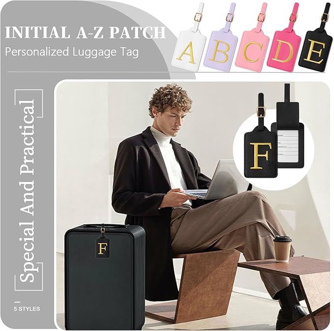 Personalized Initial Luggage Tags for Suitcase TSA Approved, Black Leather Cute Luggage Tag with Privacy Cover Name Card, Embroidered Custom Luggage Tags Travel Backpack Tags Gifts for Women Kids(F)