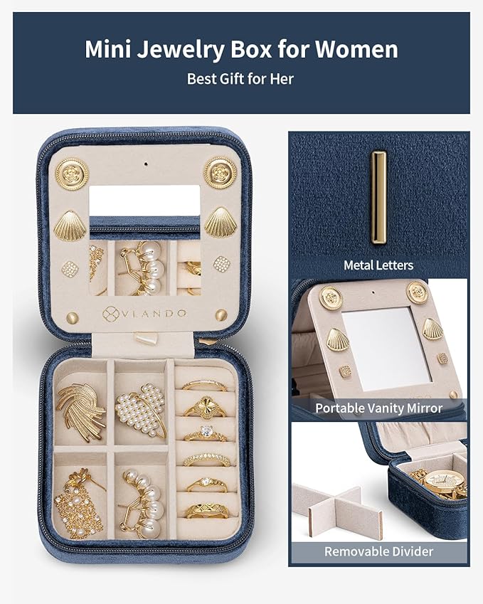 Vlando Valentines Day Gifts for Her, Travel Jewelry Organizer, Necklace Ring Organizer, Jewelry Travel Essentials Travel Gifts for Girlfriend Wife - Letter I, Dark Blue