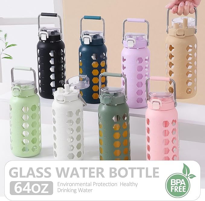 MUKOKO 64oz Glass Water Bottles with Straw and Lid,Half Gallon Water Bottle with Time Marker,Large Glass Water Jug with Silicone Sleeve and Stainless Steel Handle-Blue