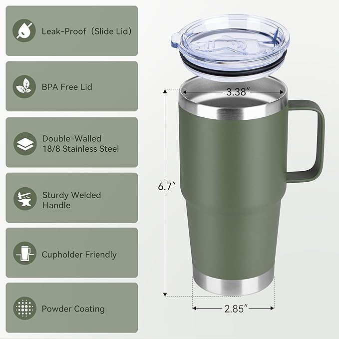 HASLE OUTFITTERS 20oz Tumbler Bulk with Lid, Stainless Steel Tumbler Bulk with Handle, Metal Insulated Travel Coffee Mug Set with Handle, Double Wall Vacuum Leak Proof Tumbler Cup, Amy Green 6 Pack