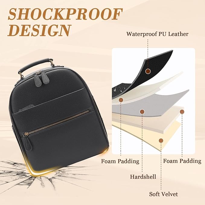 Small Camera Backpack, Classic PU Leather with 11 Inch Pad/Tablet Compartment, Professional Camera Bag for Photographers for DSLR, 10L Black
