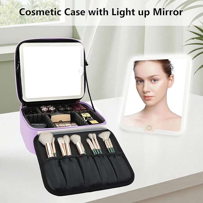 Travel Makeup Bag with LED Mirror Travel Makeup Organizer with 3 Lighted Settings, Adjustable Dividers and Makeup Brush Storage Bag Purple