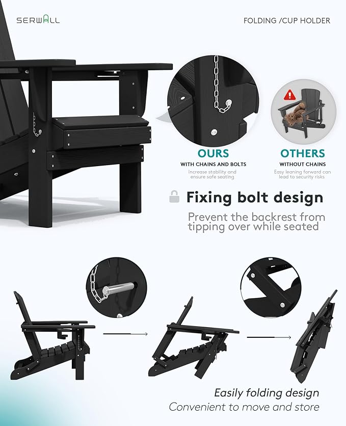 SERWALL HDPE Folding Adirondack Chair with Dual Cup Holder - Composite Adirondack Chair Set of 2- Black