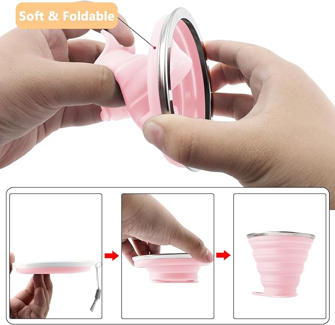 Litoexpe 2 Pack Silicone Collapsible Travel Cup Portable Folding Camping Cup Sets with Lids, Pink & Green, Capacity 9.22oz (270ml)