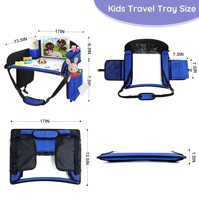Kids Travel Tray, Kids Travel Trays for Car Seat, Road Trip Essentials for Toddler, Carseat Lap Tray with Dry Erase Board & Storage Organizer for Road Trip Activities for Kid, Blue