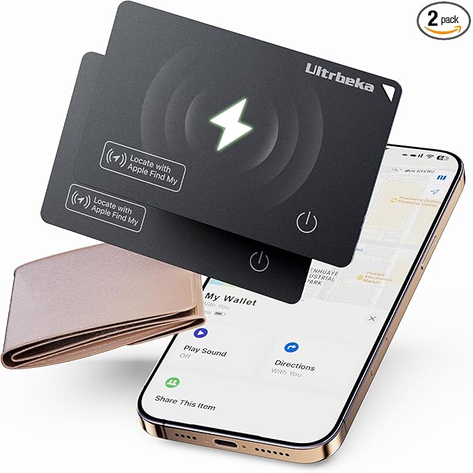 Wallet Tracker Air Tag Slim Card 0.07in Bluetooth Tracker for Wallets, Passport, Work with Apple Find My, Wireless Charging, Anti-Loss Card Locator- iOS Only [Apple MFi Certified]-2pcs in 1 Box