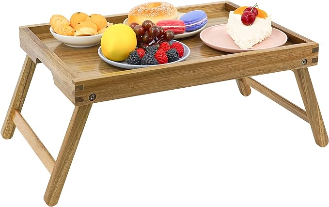 VaeFae Acacia Bed Table Tray, Wooden Breakfast Tray with Folding Legs, Bed Tray for Eating and Laptop, Eating Trays for Bedroom