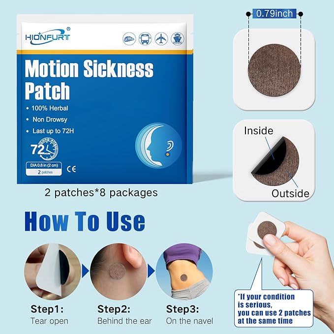 64ct Motion Sickness Patches – Sea Sickness Patches for Cruise, Car, Airplane, and Other Travel – Non-Drowsy, Effective, Lasts 72 Hours