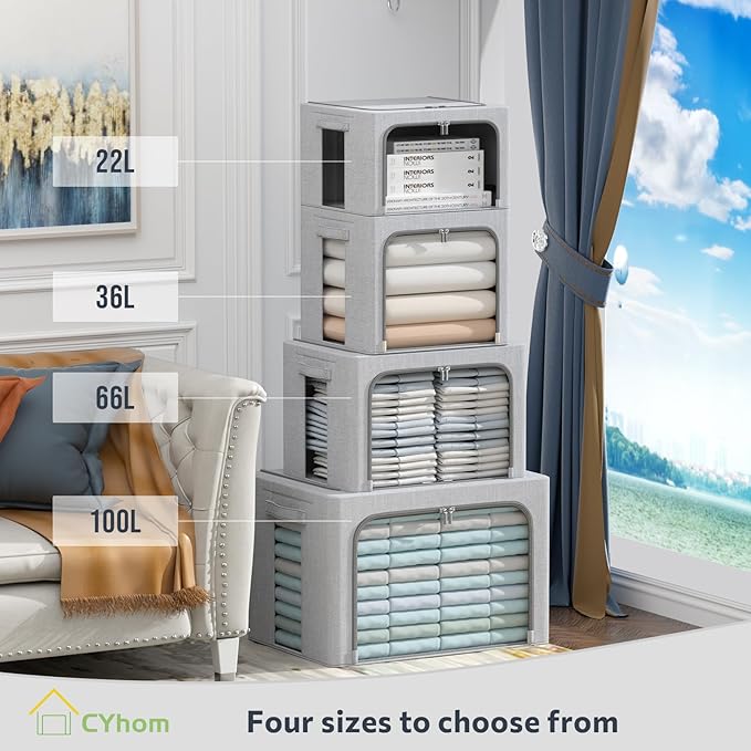 4 Pack Clothes Storage Bins with Metal Frame - Linen Fabric Foldable Stackable Container Organizer Set with Clear Window & Carry Handles & Zippers (Light Grey, 23.6"x16.5"x15.7")