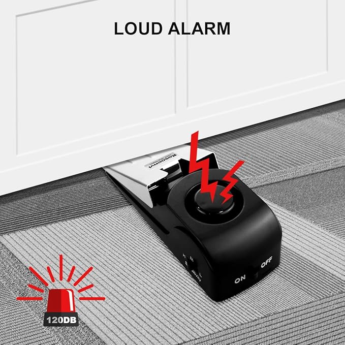 4 Pack Door Stop Alarm, Door Stopper with 120DB Security Alarm, Floor Wedge Door Stop Siren, Door Security Devices for Traveling, Apartment, Hotel and Home, Black