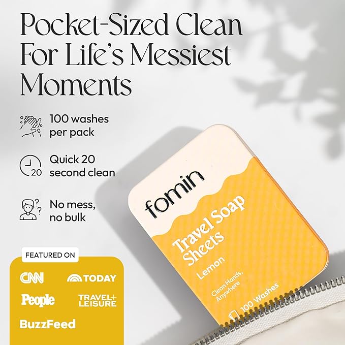 FOMIN - Antibacterial Paper Soap Sheets Tin for Traveling - (100 Sheets) Lemon Portable Travel Hand Soap Sheet, Dissolvable Mini Camping Hand Soap for Hand Washing