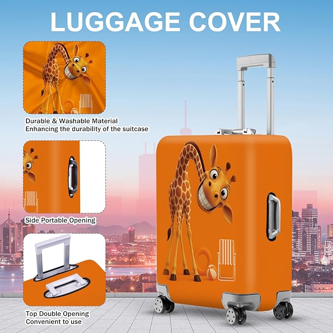 ANNA QUEEN Giraffe Fun Luggage Cover, Playful Giraffe Design with Beach Ball and Chair, Stretchable, Washable Travel Sleeve for 32-34 Inch Luggage