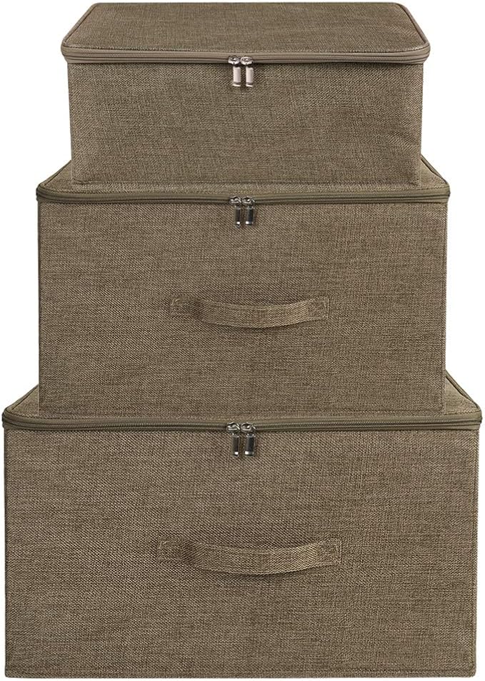 ANMINY 2PCS Storage Bins with Zipper Lids 51.9 Qt Lidded Fabric Storage Boxes Baskets Cubes with Handles Collapsible Washable Cotton Linen Closet Shelf Clothes Organizer - Coffee, Extra Large