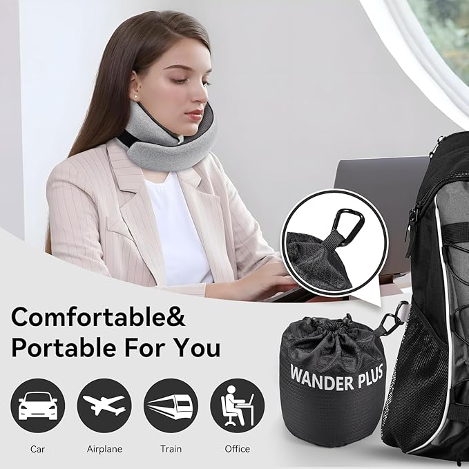 WANDER PLUS® Genuine Travel Pillow, 100% Pure Memory Foam Neck Pillow for Airplanes, Comfortable Breathable Cover, 360° Support Stowable Pillows for Sleeping, Car, Airport Travel Essentials Pink