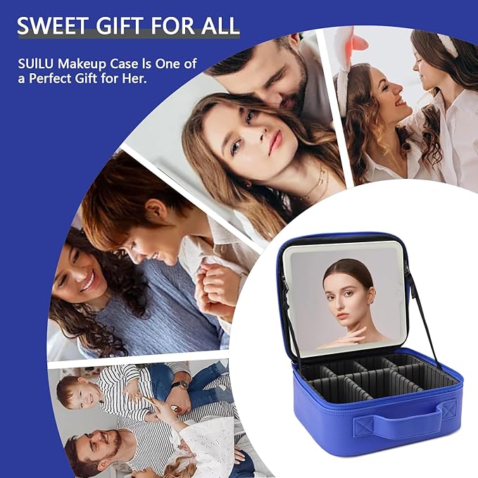Makeup Bag with Led Mirror,Travel Makeup Organizer with 3 Color Setting, Portable Storage and Adjustable Dividers Travel Makeup Bag(dark blue)