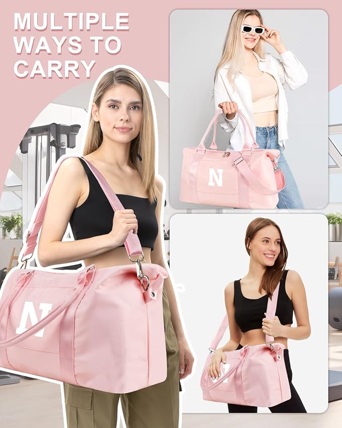 Initial Travel Duffel Bag Sports Gym Bag for Girls Teen Birthday Gifts,Pink Personalized Weekender Bag Carry On Tote Bags for Women Men,Waterproof Overnight Luggage Bag with Trolley Sleeve(Letter N)