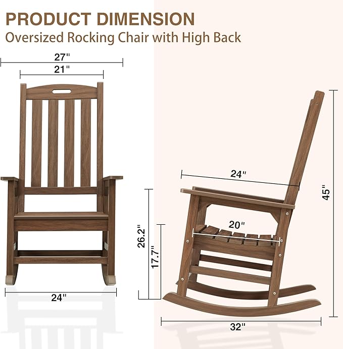 Psilvam Outdoor Rocking Chair Set of 2, Poly Lumber Oversized Rocking Chair with 21" Wide Seat and 32" Tall Backrest, Pre-Assembled with Most Components for Effortless Installation(Bright Brown)