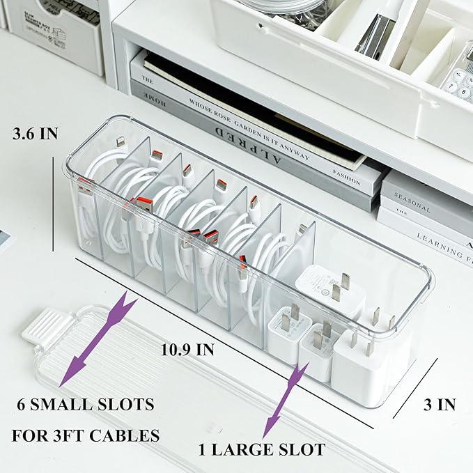 Yesesion 4 Pack Clear Cable Storage Box for Desk Drawer, Plastic Cord Organizer with Lid for Wire Ties, Electronics Accessories, Phone Charger, Art Crafts, Pencils, Marker Pen, Crayons Holder